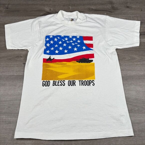 American Flag ‘God Bless Our Troops’ Patriotic White T-Shirt Large Single Stitch - Picture 1 of 16